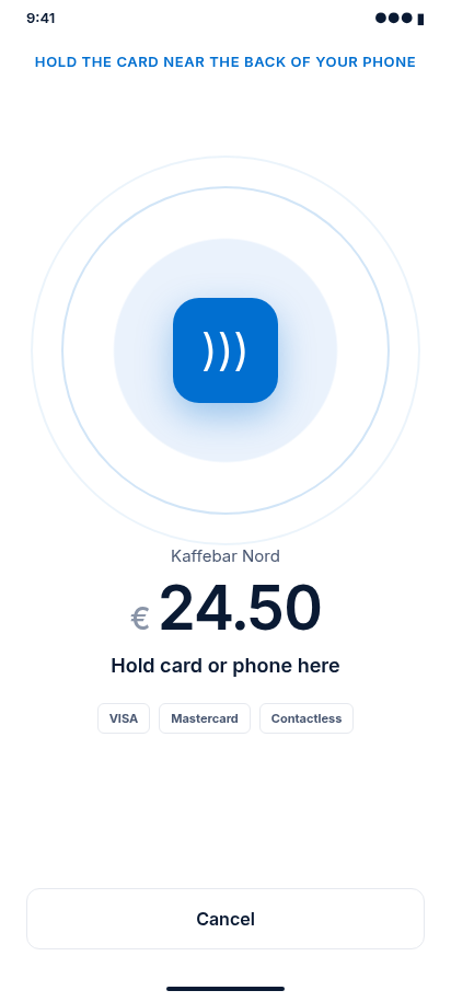 aidafi Tap to Pay asking the customer to hold their card near the back of the phone