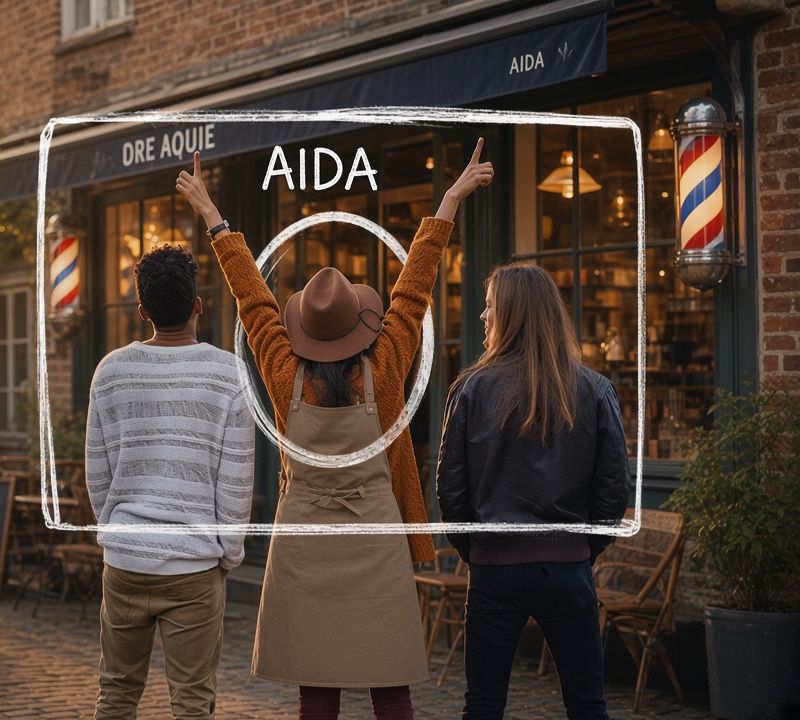 Three people outside a barbershop, one with her arms raised inside a hand-drawn card outline